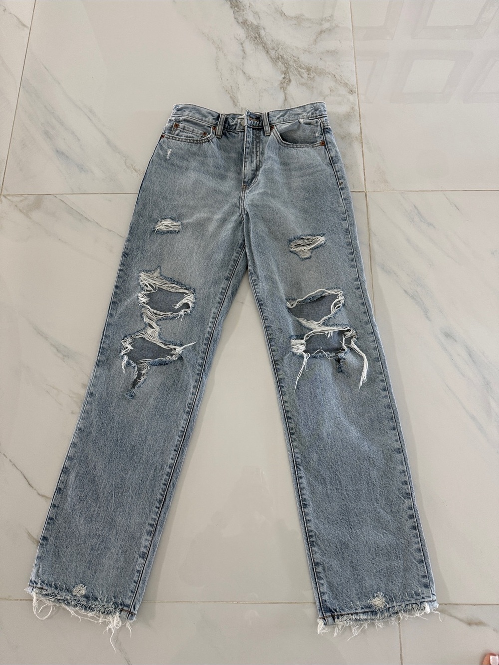 Distressed Light Blue Straight-Leg Jeans — Classic Casual